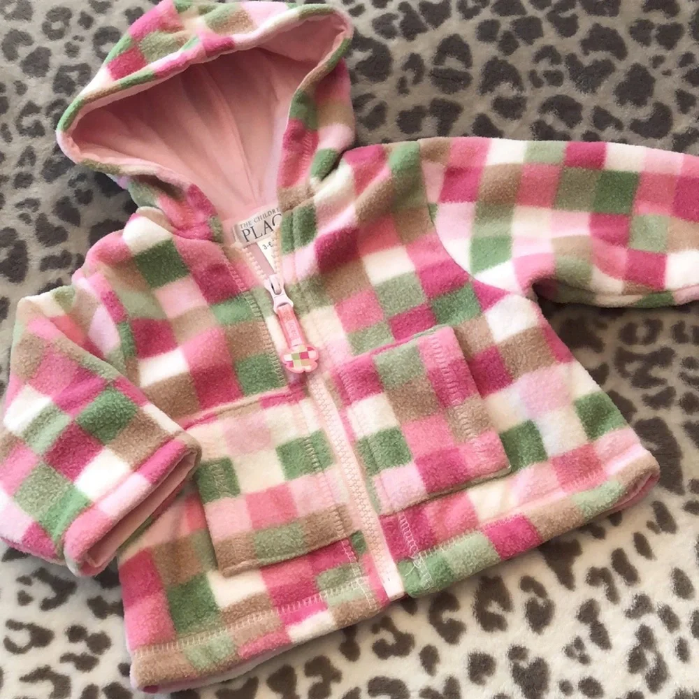 Children’s Place Pink Green Checkered Full Zip Fleece Hooded Jacket 3-6 months